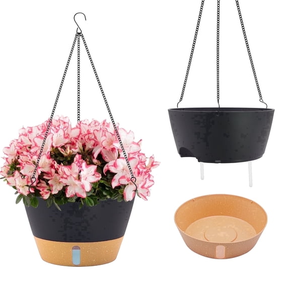 FIASON 2 Pack 12 Inch Black Grey Large Self Watering Hanging Planters, Indoor Outdoor Plastic Flower Pots with Visual Reservoir, Drainage Holes & Chain Hanger for Home Garden Decor