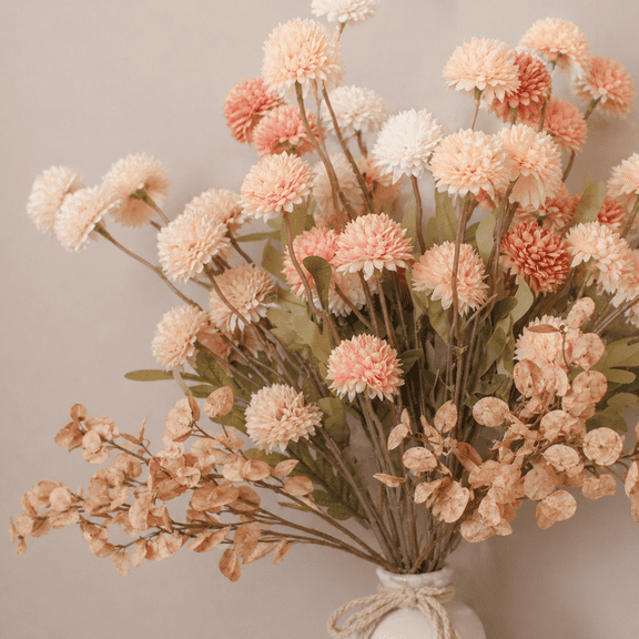 FIASON 12 Pcs Fall Artificial Flowers,Pink Silk Mums Chrysanthemum with Eucalyptus Stems, Faux Pom Flowers for Autumn Home Decor, Wedding Centerpiece, Thanksgiving Table Decor (Vase Not Included)