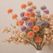 FIASON 12 Pcs Orange Artificial Flowers, Silk Mums Chrysanthemum with Eucalyptus Stems, Faux Pom Flowers for Spring Fall Home Decor, Wedding Centerpiece, Table 