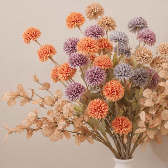 FIASON 12 Pcs Orange Artificial Flowers, Silk Mums Chrysanthemum with Eucalyptus Stems, Faux Pom Flowers for Spring Fall Home Decor, Wedding Centerpiece, Table Decoration (Vase Not Included)