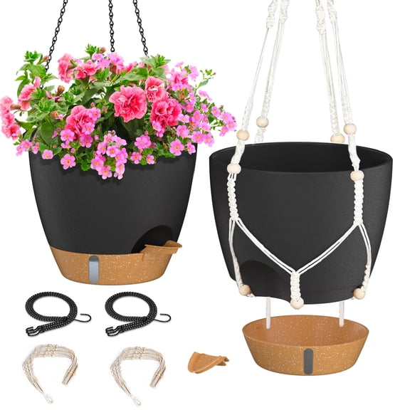 FIASON 2 Pack 10 Inch Black Hanging Planters for Indoor Plants,Self Watering Hanging Baskets Flower Pots with Drainage Hole, Visual Reservoir & 2 Kinds of Plant Hanger for Outdoor Garden Home Decor