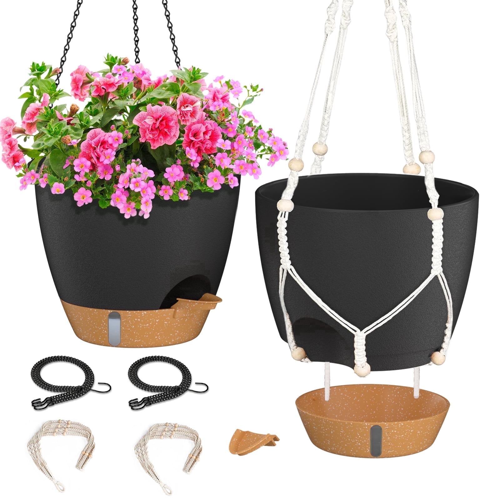FIASON 2 Pack 10 Inch Matte Black Self-Watering Hanging Planters, Indoor Outdoor Flower Pots with Visual Water Reservoir, Drainage Holes & 2 Types of Plant Hangers for Garden Home Decor