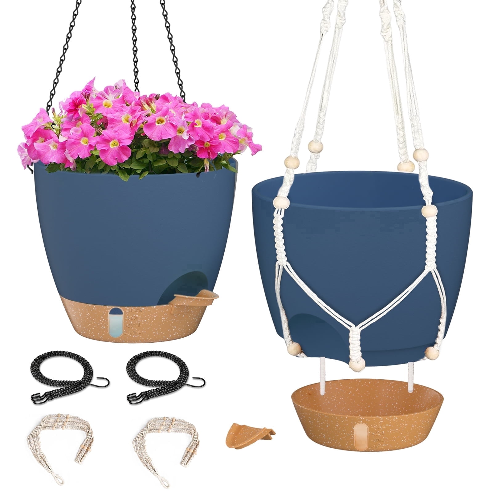FIASON 2 Pack 10 Inch Blue Self-Watering Hanging Planters, Indoor Outdoor Flower Pots with Visual Water Reservoir, Drainage Holes & 2 Types of Plant Hangers for Garden Home Decor