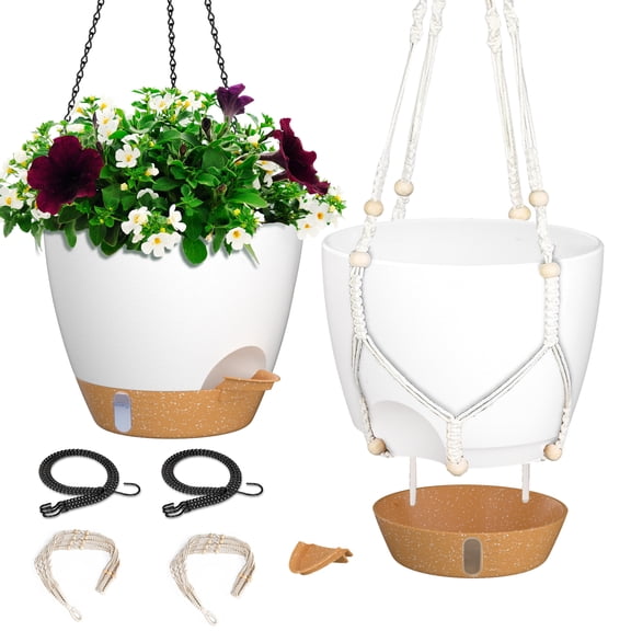 FIASON 2 Pack 10 Inch White Self-Watering Hanging Planters for Indoor Outdoor Plants, Hanging Flower Pots with Visible Reservoir, Drainage Holes, Metal Chain & Macrame Hangers for Garden Decor