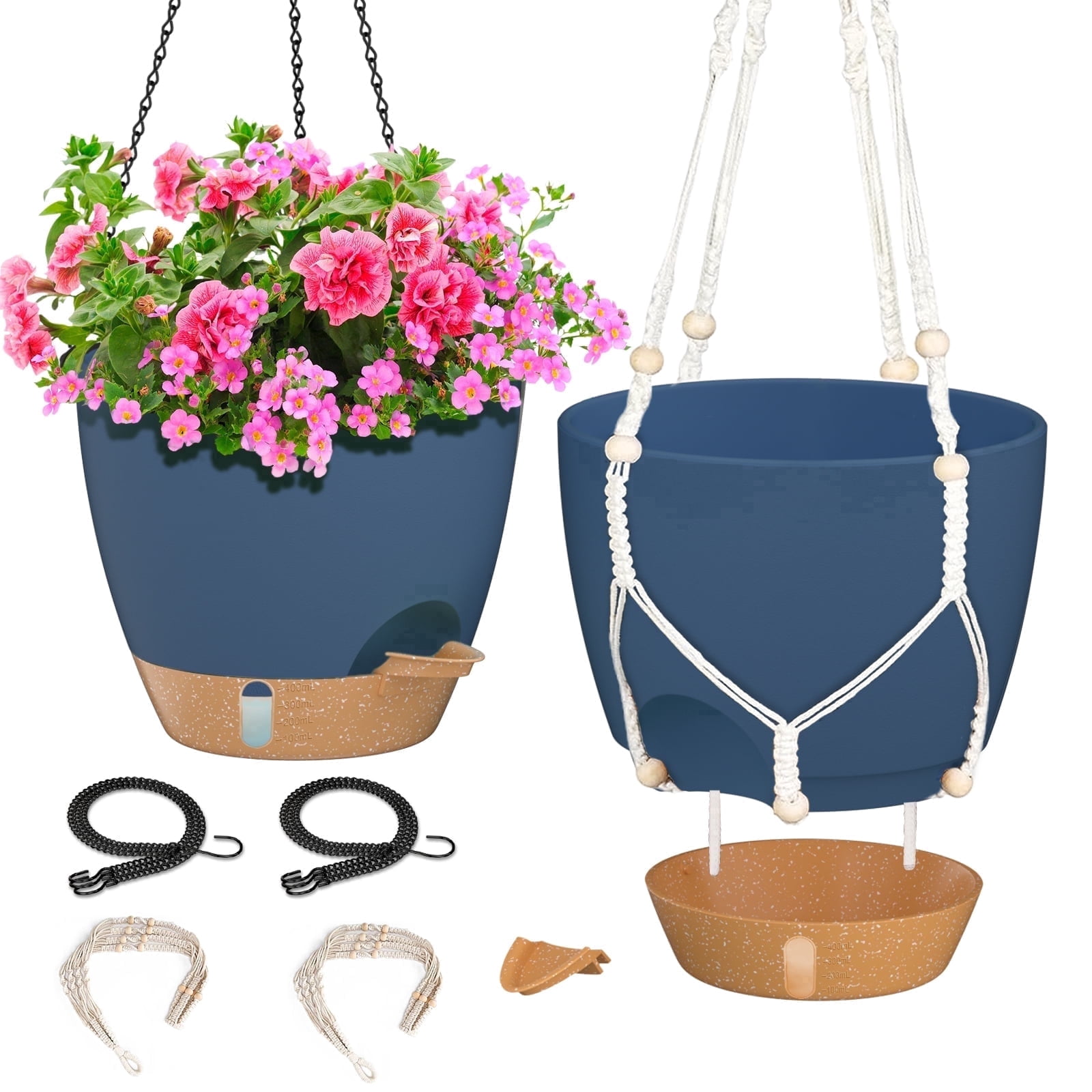 FIASON 2 Pack 12 Inch Blue Hanging Planters for Indoor Plants,Self Watering Hanging Baskets Flower Pots with Drainage Hole, Visual Reservoir & 2 Kinds of Plant Hanger for Outdoor Garden Home Decor