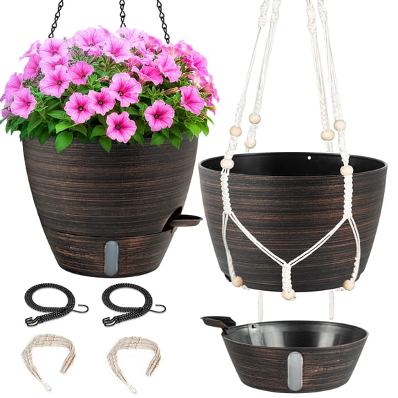 FIASON 2 Pack 12 Inch Bronze Self-Watering Hanging Planters, Brushed Round Hanging Baskets with Twist-Lock Tray, Water Level Window, Drainage, Chain & Macrame Hangers for Garden Porch Decor
