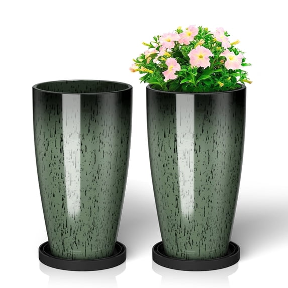 FIASON 2 Pack 21 Inch Dark Green Marble Tall Planters, 6.5 Gallon Tapered Plastic Plant Pots with Drainage, Mesh Screens & 2-in-1 Shelf Saucers, Indoor Outdoor Front Porch Patio