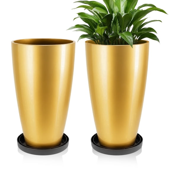 FIASON 2 Pack 21 Inch Glossy Gold Tall Planters, 6.5 Gallon Tapered Plastic Plant Pots with Drainage Holes, Mesh Screens & 2-in-1 Shelves, Modern Indoor Outdoor Porch Patio Decor