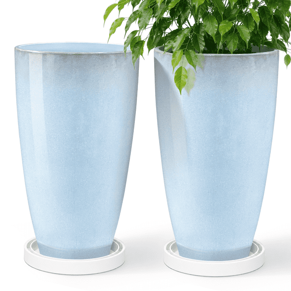 FIASON 2 Pack 21 Inch Tall Planters, Light Blue Speckled Faux White Ceramic Plant Pots with Drainage Hole & 2-in-1 Saucer, Large Indoor Outdoor Flower Pots Patio Porch