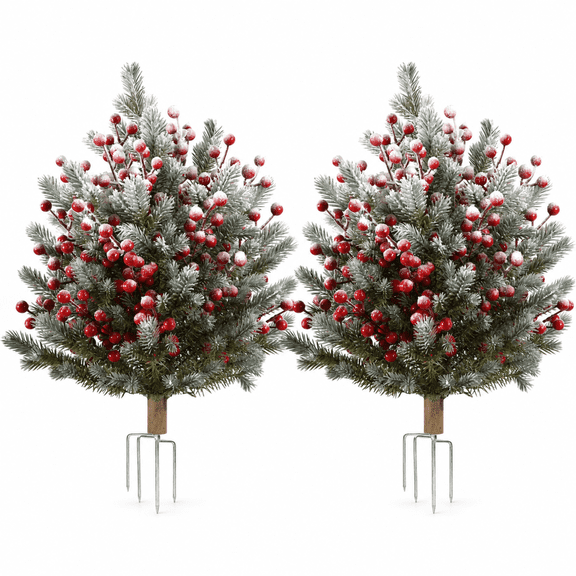 FIASON 2 Pack 27″H Snow Flocked Artificial Pine Branches with Red Berries & 4-Prong Ground Stake, UV Resistant Outdoor Christmas Greenery for Fall Winter, Front Porch, Garden, Yard & Pathway