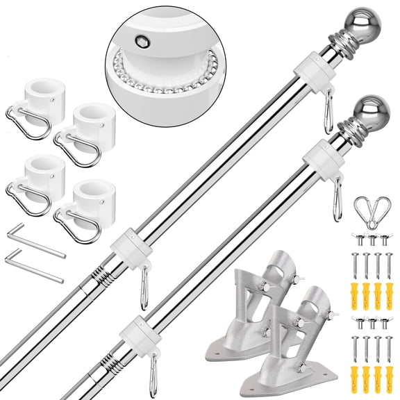 FIASON 2 Pack 5 FT Silver Stainless Steel Tangle Free Wall Mount Flag Pole Kit with Bracket, Heavy Duty Outdoor Flagpole for Front Porch Patio Deck, Fits 2x3 3x5 4x6 American Flag, No Flag