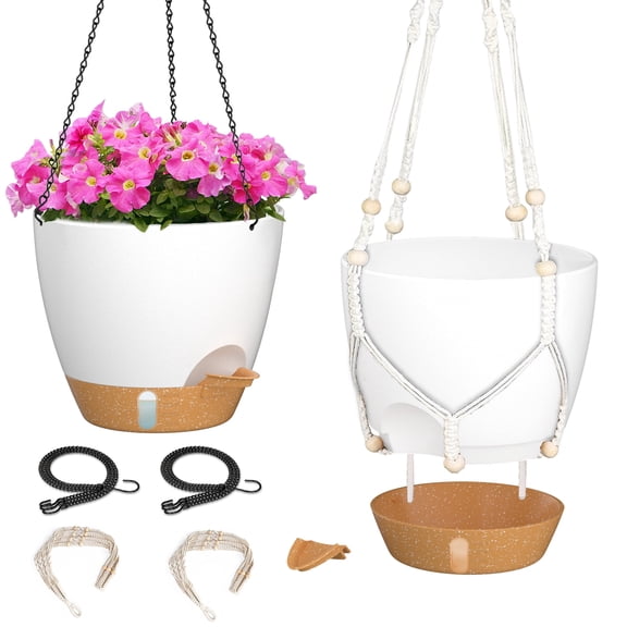 FIASON 2 Pack 8 Inch White Hanging Planters for Indoor Plants,Self Watering Hanging Baskets Flower Pots with Drainage Hole, Visual Reservoir & 2 Kinds of Plant Hanger for Outdoor Garden Home Decor