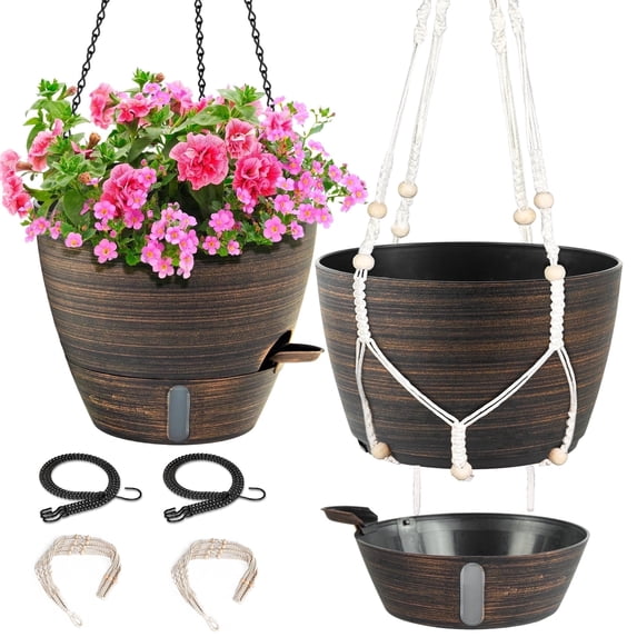 FIASON 2 Pack Bronze 10 Inch Round Hanging Planters with Visible Water Level, Drainage Holes, Removable Tray,Self-Watering Hanging Planters for Indoor Outdoor