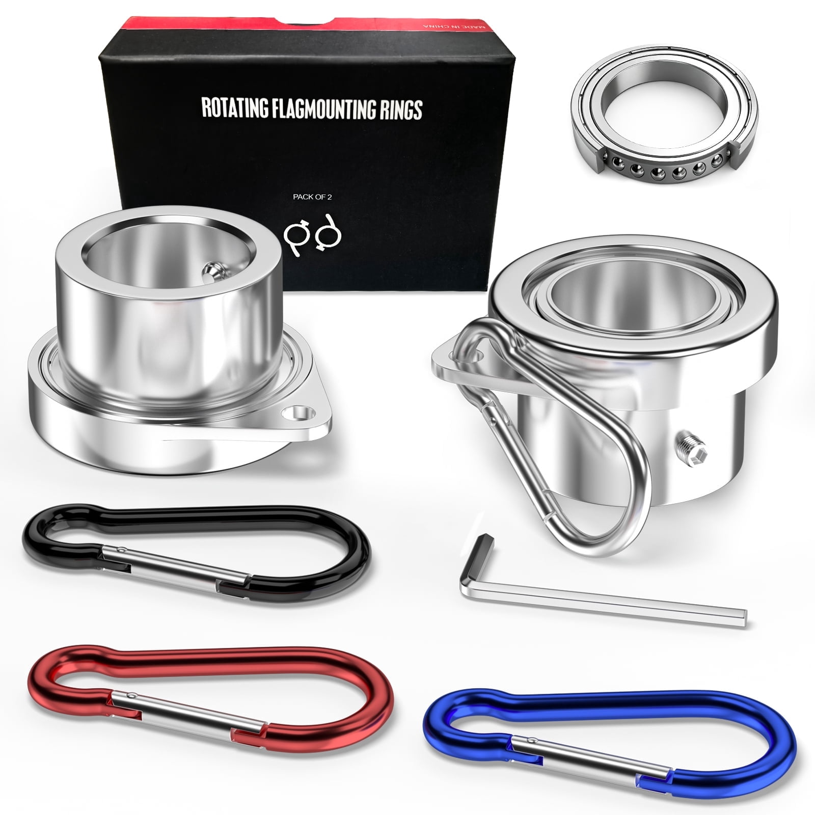 FIASON 2 Pack Flag Pole Rings,Silver Aluminum Alloy Flagpole Rings 360° Rotating Anti Wrap Mounting Ring with Colored Metal Clips for 0.75-1.00 Inch Diameter Flagpole