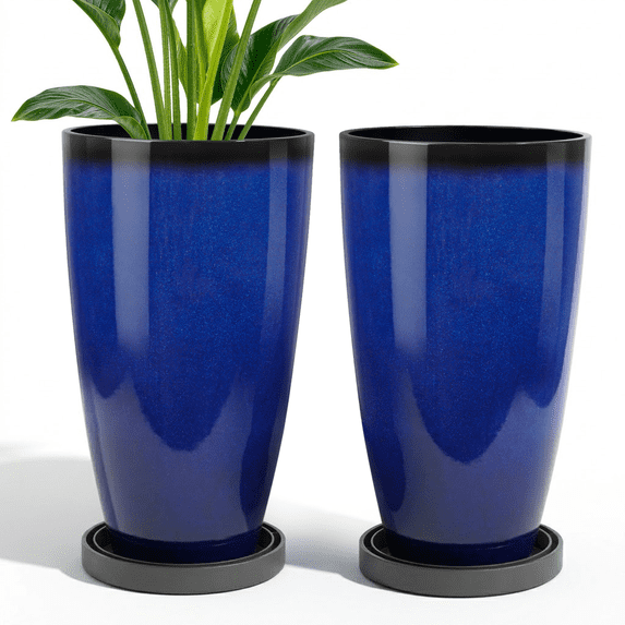FIASON 2 Pack 21 Inch Tall Planters, Glossy Ceramic Blue Plant Pots with Drainage Hole & 2-in-1 Saucer, Large Indoor Outdoor Flower Pots for Front Porch Patio Balcony