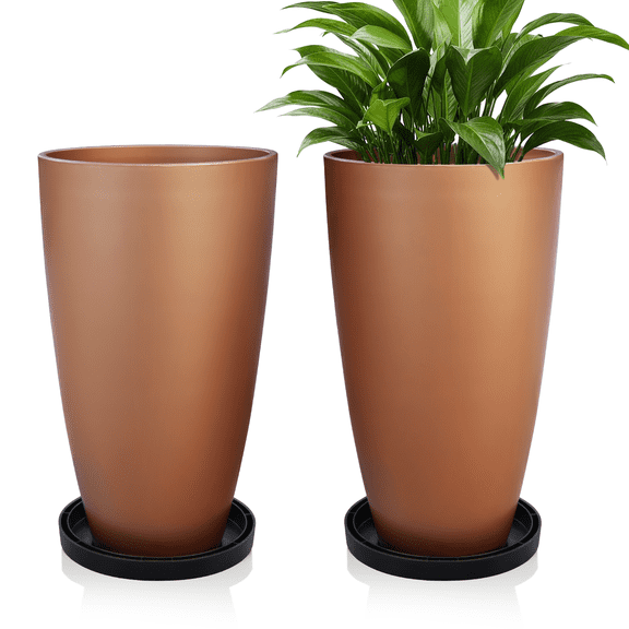 FIASON 2 Pack 21 Inch Matte Copper Tall Planters, 6.5 Gallon Tapered Plastic Plant Pots with Drainage Holes, Mesh Screens & 2-in-1 Shelf Saucers, Indoor Outdoor Front Porch Patio Decor