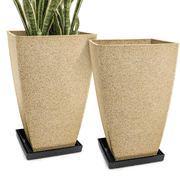 FIASON 2 Pack 21 Inch Tall Square Planters, Warm Stone Yellow Speckled Faux Stone Plant Pots with Drainage Hole & 2 Black Fixed Saucers, Indoor Outdoor Flower P