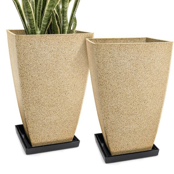 FIASON 2 Pack 21 Inch Tall Square Planters, Warm Stone Yellow Speckled Faux Stone Plant Pots with Drainage Hole & 2 Black Fixed Saucers, Indoor Outdoor Flower Pots for Patio Porch