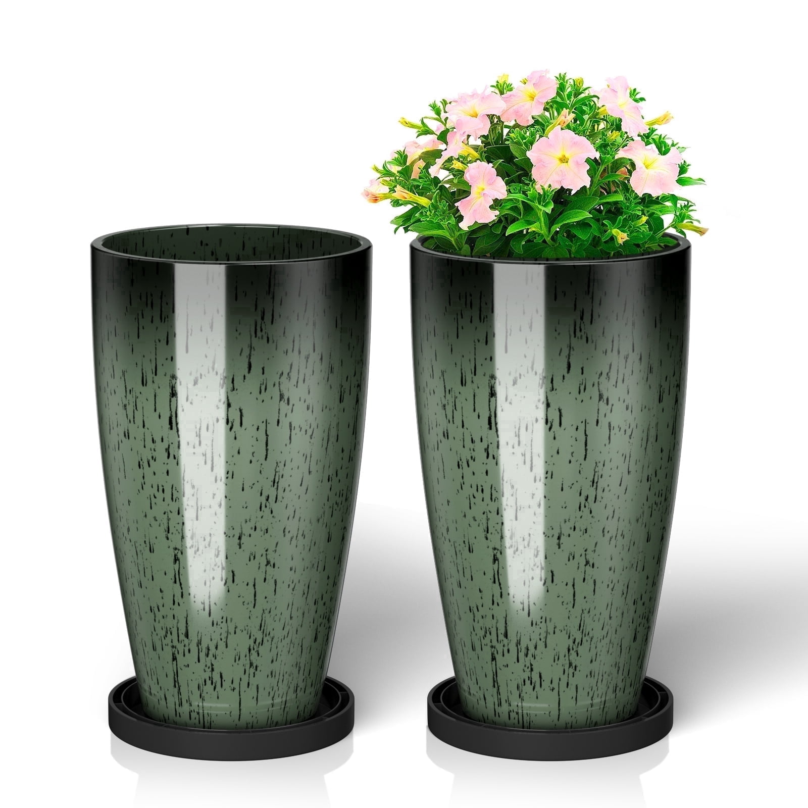 FIASON 2 Pack 21 Inch Dark Green Gradient Tall Plastic Planters, 10mm Thick Glossy Marble Finish with Drainage Holes & 2-in-1 Saucer, Indoor Outdoor Planters for Front Porch Patio