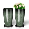 thumbnail image 1 of FIASON 2 Pack 21 Inch Dark Green Gradient Tall Plastic Planters, 10mm Thick Glossy Marble Finish with Drainage Holes & 2-in-1 Saucer, Indoor Outdoor Planters for Front Porch Patio, 1 of 8