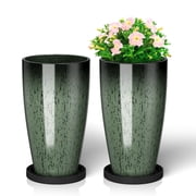 FIASON 2 Pack 21 Inch Dark Green Gradient Tall Plastic Planters, 10mm Thick Glossy Marble Finish with Drainage Holes & 2-in-1 Saucer, Indoor Outdoor Planters fo