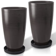 FIASON 2 Pack 21 Inch Dark Brown Brushed Tall Planters, 6.5 Gallon Tapered Plastic Plant Pots with Drainage, Mesh Screens & 2-in-1 Shelf Saucers, Indoor Outdoor
