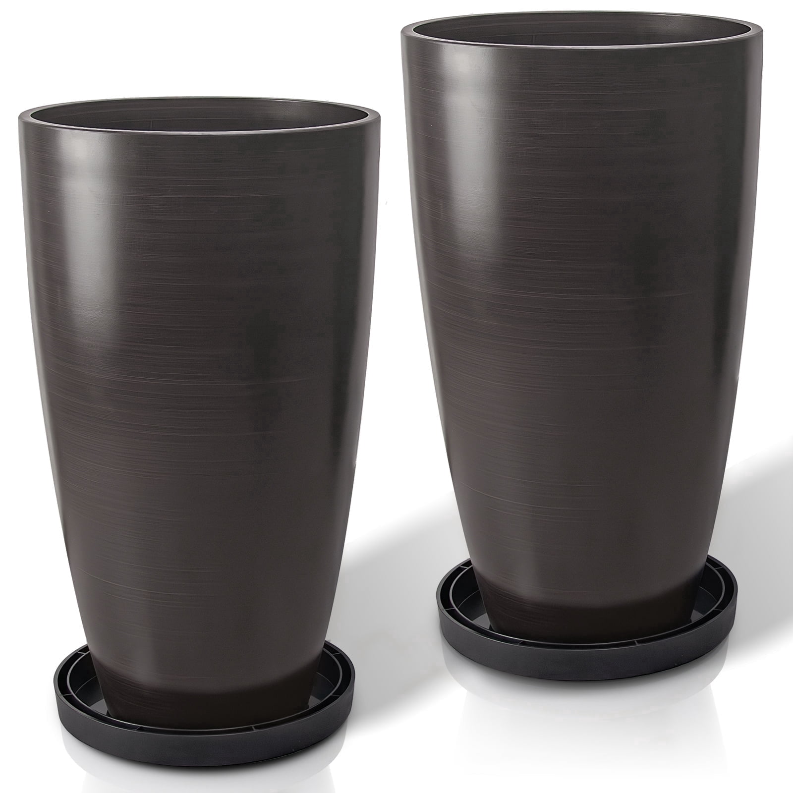 FIASON 2 Pack 21 Inch Dark Brown Brushed Tall Plastic Planters, Modern Tall Flower Pots with Drainage Holes & Removable Saucer, Indoor Outdoor Planters for Front Porch Patio Garden