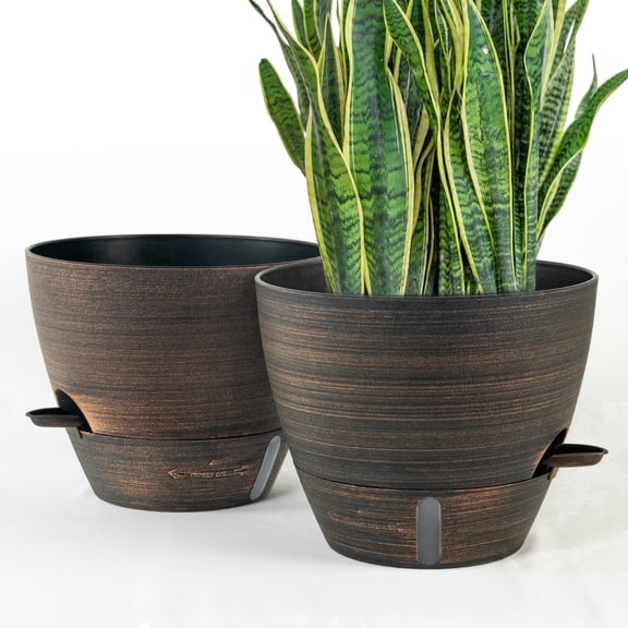 FIASON 2 Pack Plastic 10 Inch Bronze Self Watering Plant Pots for Indoor Outdoor,Flower Pots Include Drainage Holes and Saucer