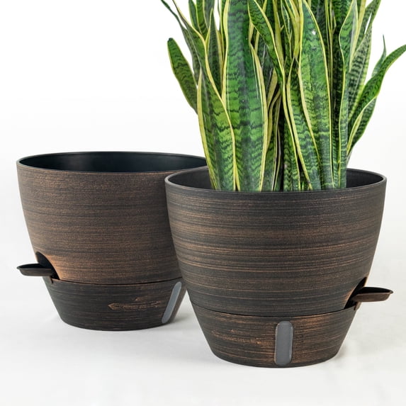 FIASON 2 Pack Plastic 10 Inch Bronze Self Watering Plant Pots for Indoor Outdoor,Flower Pots Include Drainage Holes and Saucer