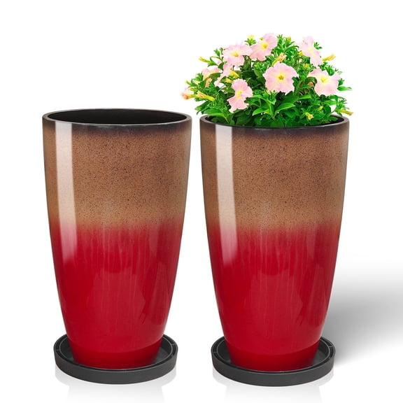 FIASON 2 Pack 21 Inch Sunset Red Gradient Glossy Tall Planters, Glossy Smooth, Modern Flower Pots with Drainage Holes & Saucers, Indoor Outdoor Planters for Front Porch Patio Garden