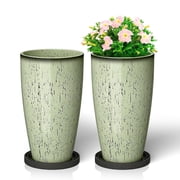 FIASON 2 Pack 21 Inch Sunset Running White Glaze Tall Plastic Planters, 10mm Thick Glossy Finish with Drainage Holes & 2-in-1 Saucer, Indoor Outdoor Planters fo