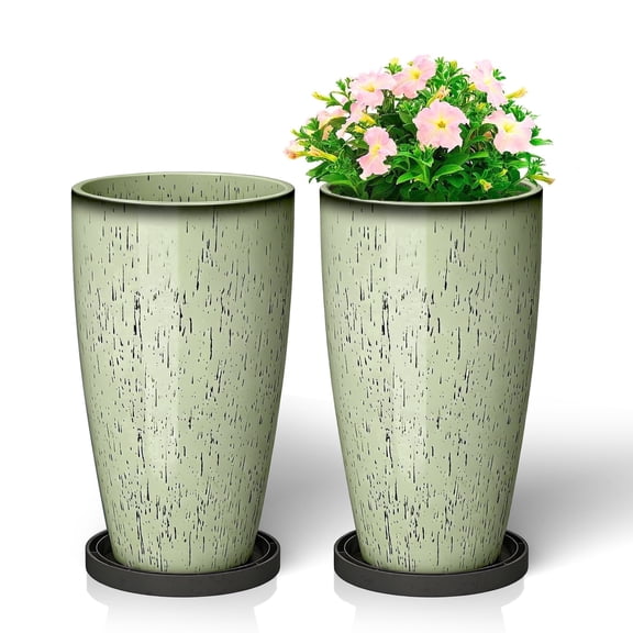 FIASON 2 Pack 21 Inch Sunset Running White Glaze Tall Plastic Planters, 10mm Thick Glossy Finish with Drainage Holes & 2-in-1 Saucer, Indoor Outdoor Planters for Patio Front Porch