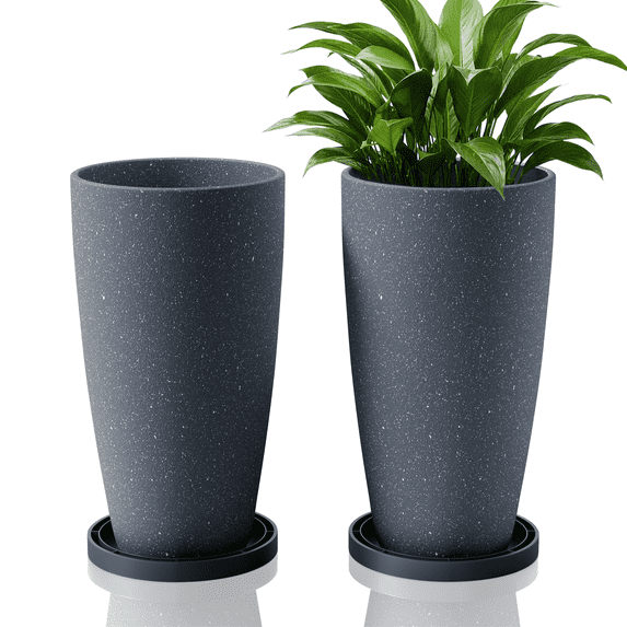 FIASON 2 Pack 21 Inch Dark Gray Sand Tall Planters, Indoor Outdoor Matte Textured Plant Pots with Removable Shelf & Drainage Holes, Faux Stone Flower Pots for Front Porch Patio Entryway