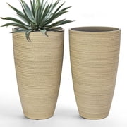 FIASON 2 Pack Large Plastic 21" Oatmeal White Tall Planters, Outdoor Indoor with Shelf Inset, Glossy Finish, Drainage Holes & Mesh Filter Screen for Front Porch