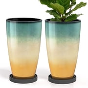 FIASON 2 Pack 21" Sunrise Cyan Orange Tall Planters, Glossy Smooth Plastic Plant Pots with Dual-Use Tray & Drainage Holes, Indoor Outdoor Front Porch Patio Deco
