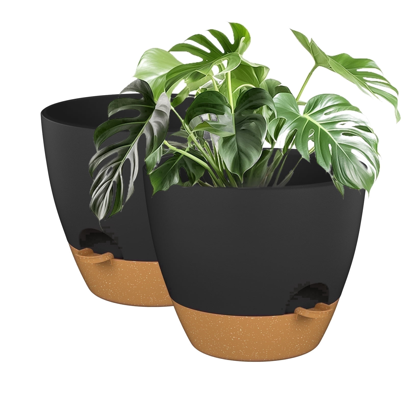 FIASON 2 Pack Plastic 10 Inch Black with Brown Self-Watering Plant Pots for Indoor Outdoor, Flower Pots Include Drainage Holes, Watering Lip & Removable Saucer