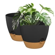 FIASON 2 Pack Plastic 10 Inch Black with Brown Self-Watering Plant Pots for Indoor Outdoor, Flower Pots Include Drainage Holes, Watering Lip & Removable Saucer
