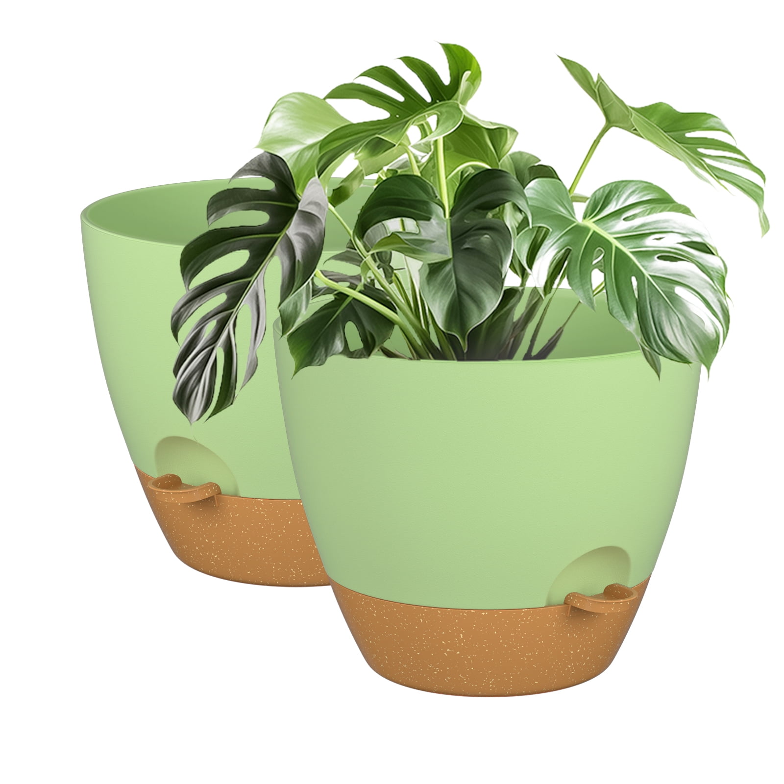 FIASON 2 Pack Self Watering Plant Pots, Green with Brown 10 Inch Indoor ...