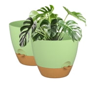 FIASON 2 Pack Self Watering Plant Pots, Green with Brown 10 Inch Indoor Outdoor Flower Pots with Drainage Holes, Watering Lip & Removable Saucer