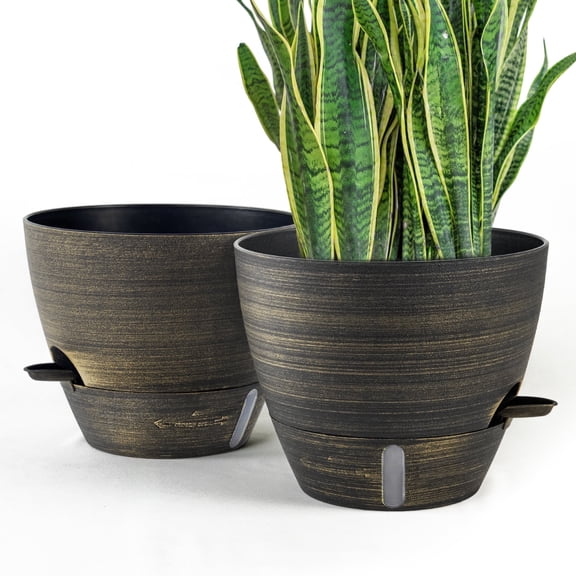 FIASON 2 Pack Plastic 10 Inch Teal Gold Self Watering Plant Pots,Include Watering Lip,Drainage Holes and Removable Saucer,Flower Pots for Indoor Outdoor Plants