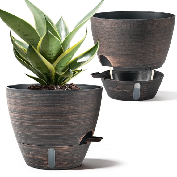 FIASON 2 Pack 12 Inch Brushed Bronze Self Watering Planters, Large Decorative Plant Pots with 1600ml Reservoir, Water Level Window & Removable Saucer for Indoor Outdoor