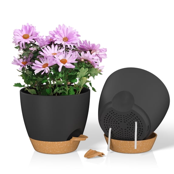 FIASON 2 Pack Plastic 8 Inch Black & Brown Self-Watering Plant Pots for ...