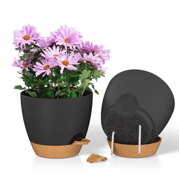 FIASON 2 Pack Plastic 8 Inch Black with Brown Self Watering Plant Pots for Indoor Outdoor,Flower Pots Include Drainage Holes and Saucer