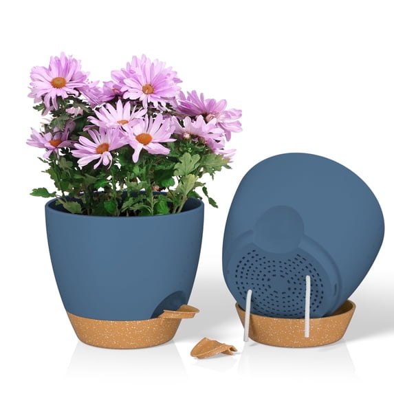 FIASON 2 Pack Plastic 8 Inch Blue with Brown Self Watering Plant Pots for Indoor Outdoor,Flower Pots Include Drainage Holes and Saucer