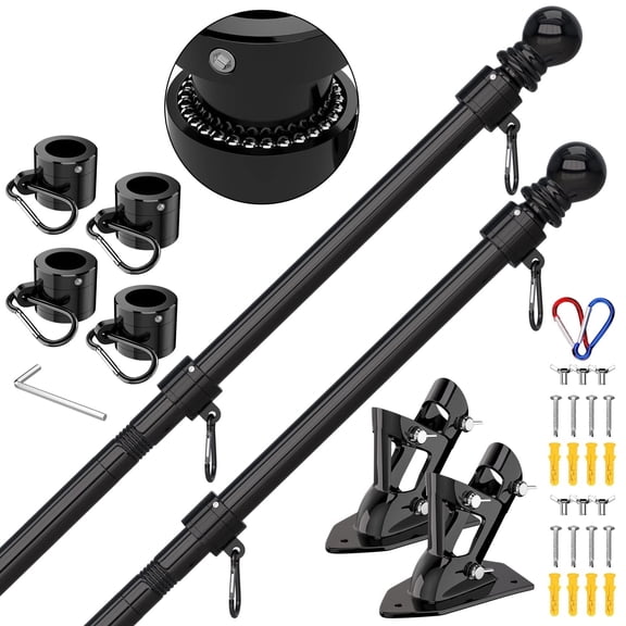 FIASON 2 Pack 6 FT Black Stainless Steel Tangle Free Wall-Mounted Flag Pole with Upgraded Bracket, Flag Pole Kit for Outside House, Residential or Commercial for American Flag (Without Flag)