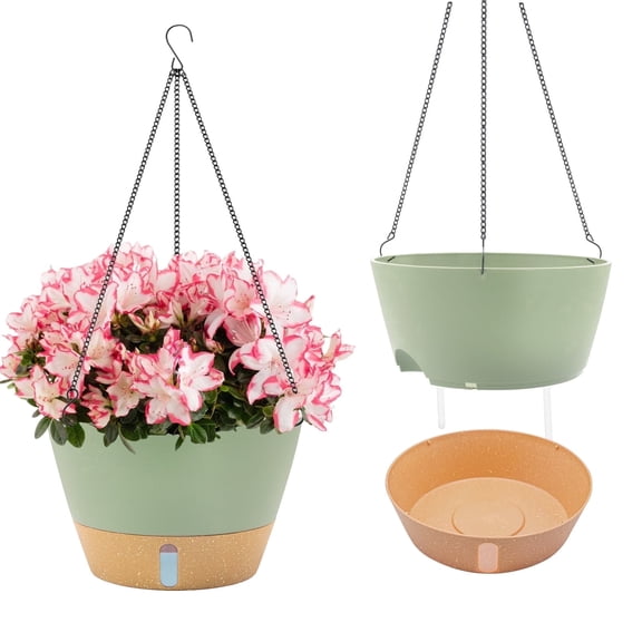FIASON 2 pack,Green Grey,10 inch Round Hanging Planters with Visible Water Level, Drainage Holes, Removable Tray,Self-Watering Hanging Planters for Indoor&Outdoor