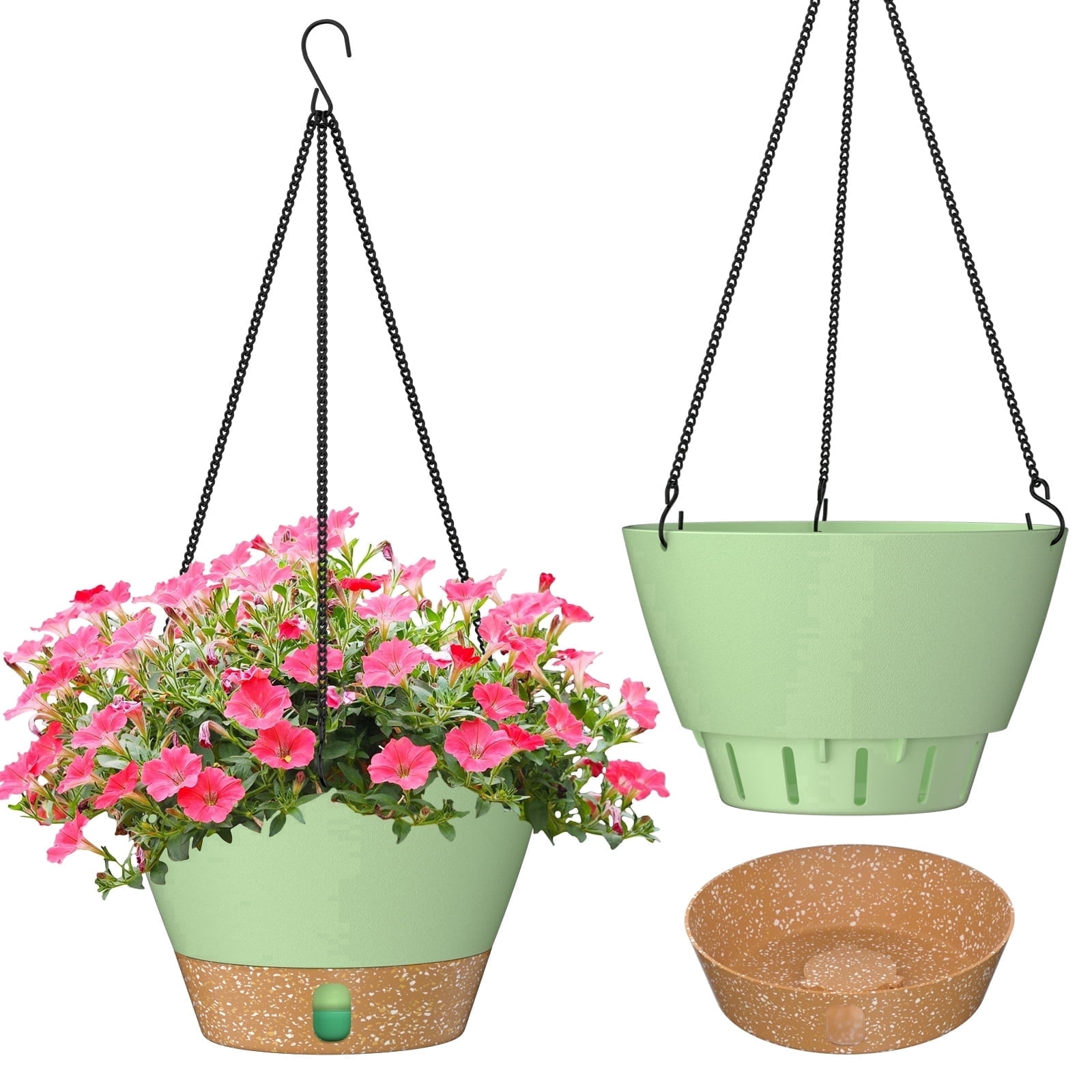 FIASON 2 Pack 10 Inch Green Grey Self Watering Hanging Planters, Indoor Outdoor Hanging Flower Pots with Visual Reservoir, Drainage Holes & Chain Hanger for Home Garden Decor