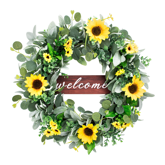 FIASON 20 Inch Artificial Sunflower Wreath for Front Door with Welcome Sign & Hanger, Spring Summer Eucalyptus Farmhouse Porch Wall Window Decor, Year Round Indoor Outdoor Housewarming