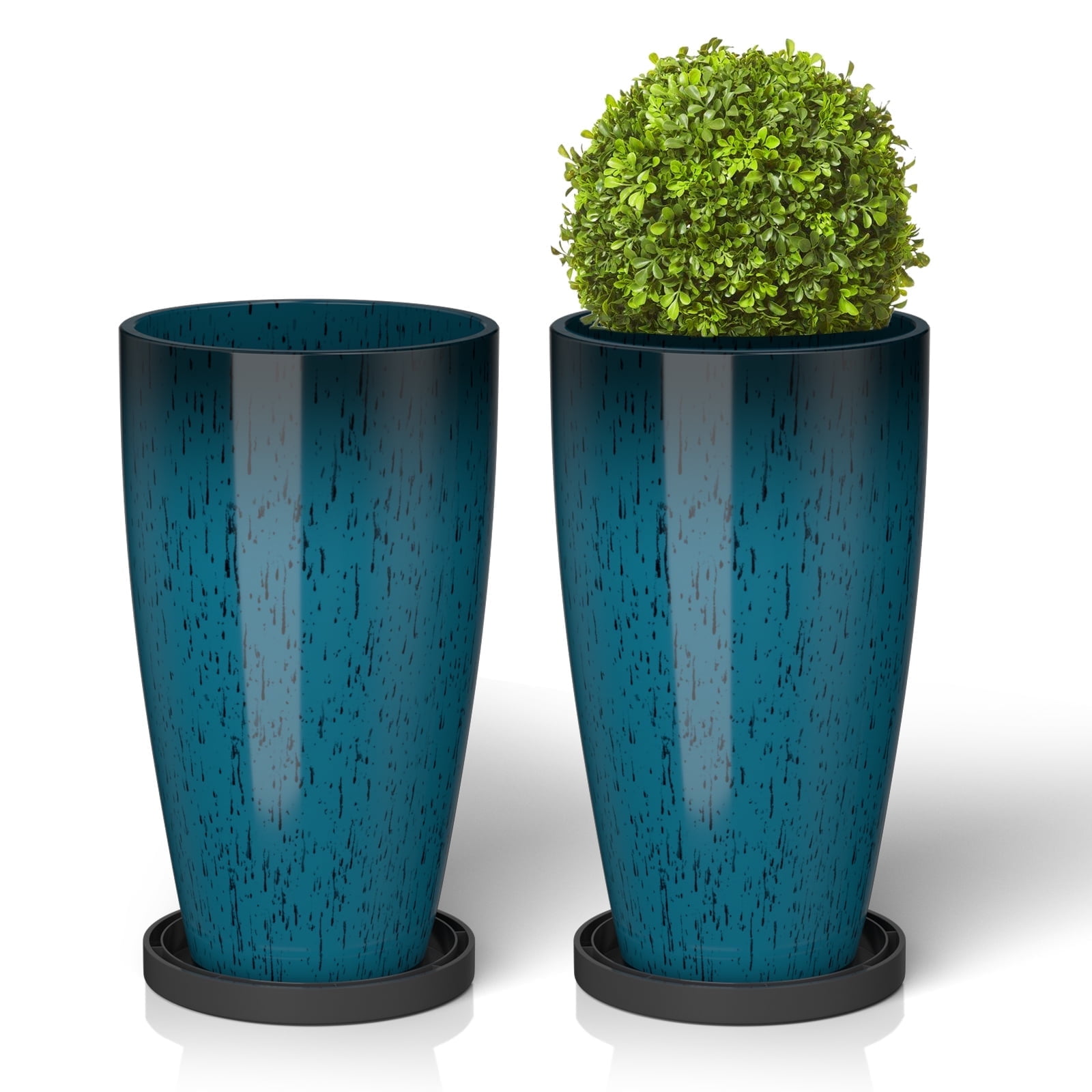 FIASON 2 Pack 21 Inch Dark Teal Blue Gradient Tall Plastic Planters, 10mm Thick Glossy Speckled Finish with Drainage Holes & 2-in-1 Saucer, Indoor Outdoor Planters for Front Porch Patio