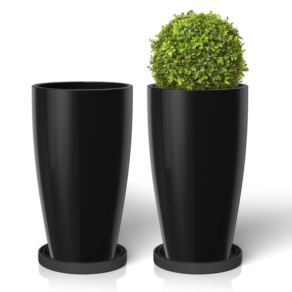 FIASON 2 Pack Large Plastic 21" Black Tall Planters,Tall Plant Pots for Outdoor Indoor with Shelf Inset, Glossy Smooth Finish Large Flower Pot with Drainage Holes for Front Porch Patio